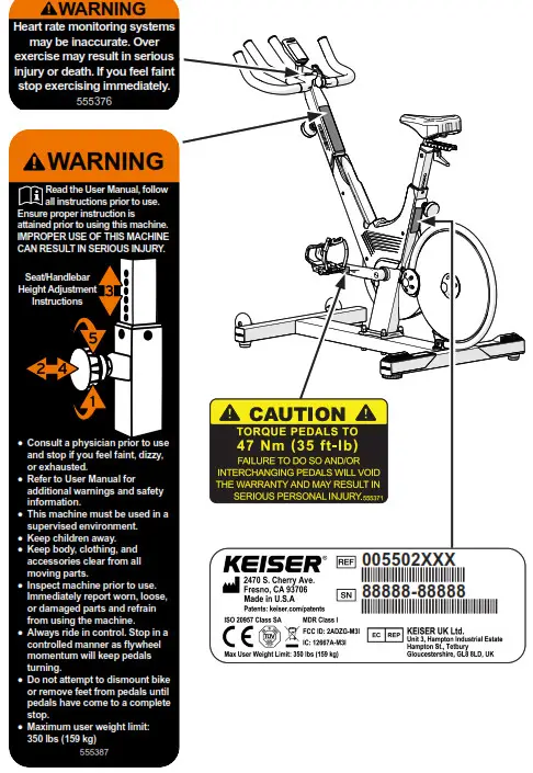 KEISER M Series M3i Lite Indoor Group Cycle- SAFETY AND SERIAL