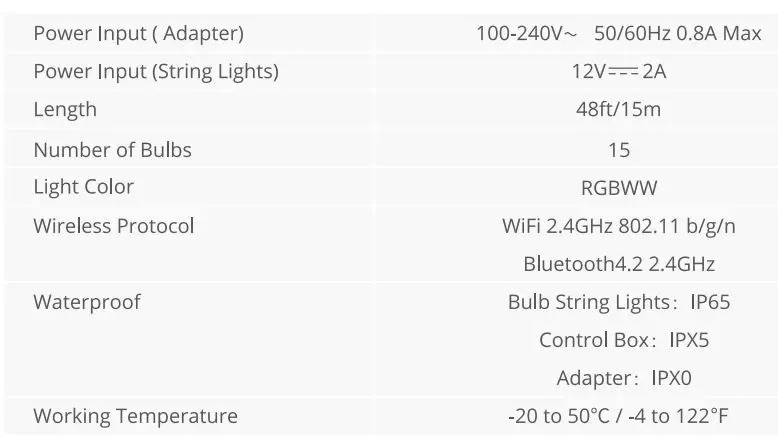 Govee H7020 Lynx Dream LED Bulb String Lights User Manual - Specifications
