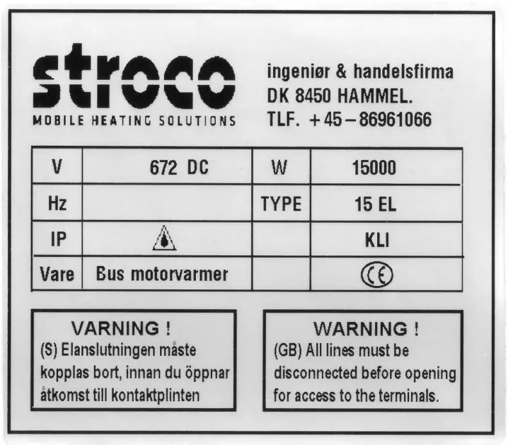 Stroco Pure Electric Heater 60 KW - Label on connection box