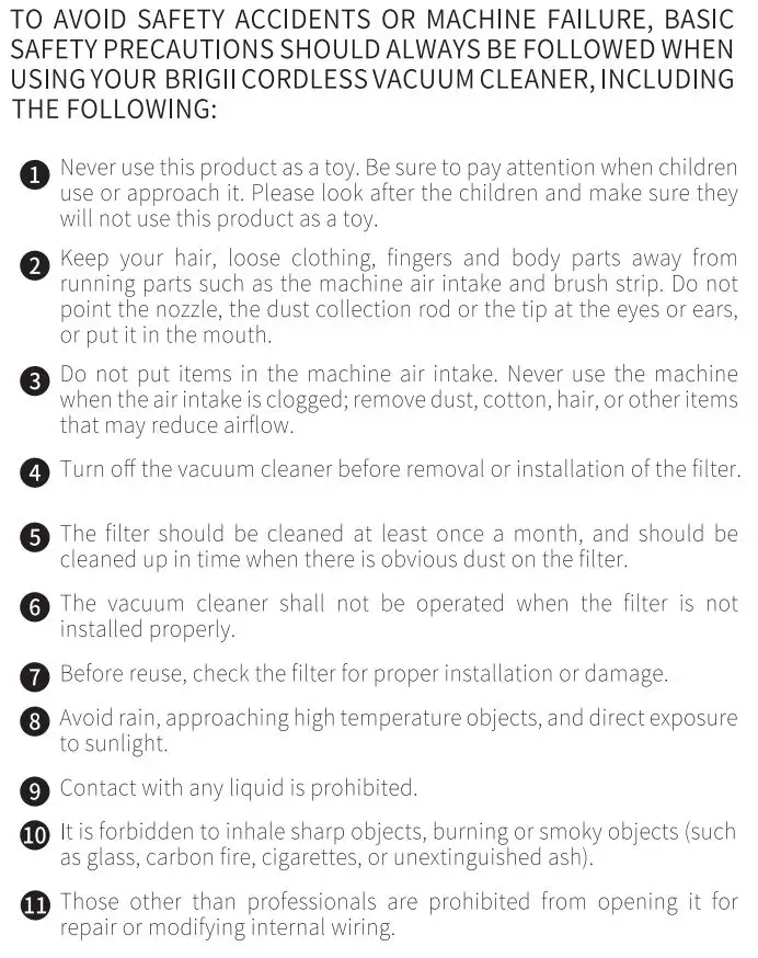 Brigii Y120 Cordless Vacuum Cleaner User Guide - Important Safety Instructions