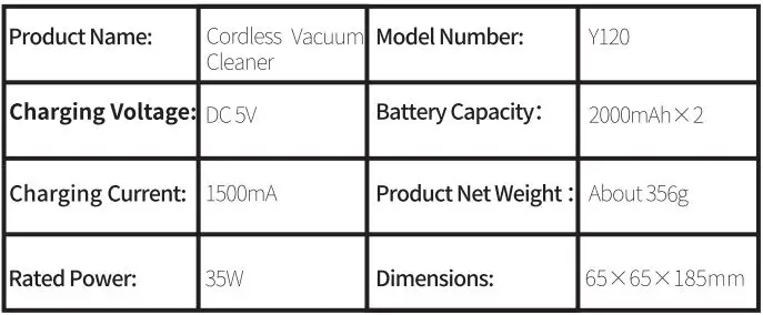 Brigii Y120 Cordless Vacuum Cleaner User Guide - Product Specifications