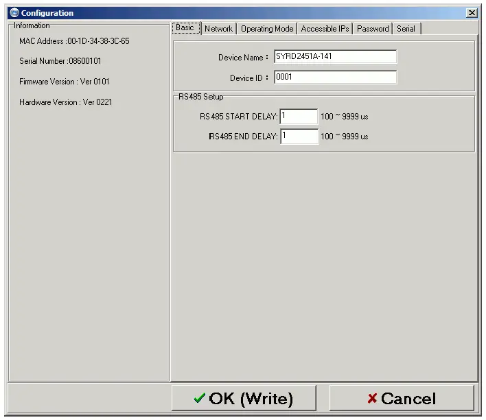 Configuration window