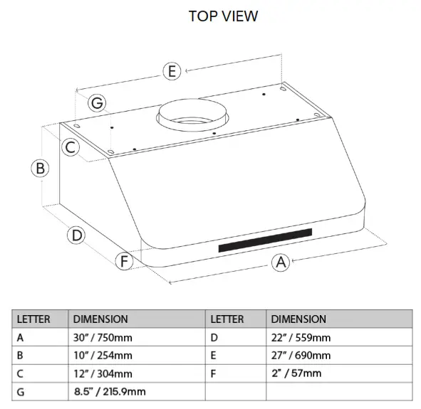 INSTALLATION INSTRUCTIONS Top view