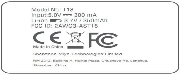 Shenzhen Miya Technologies T18 Wireless Earphones - Product Lable