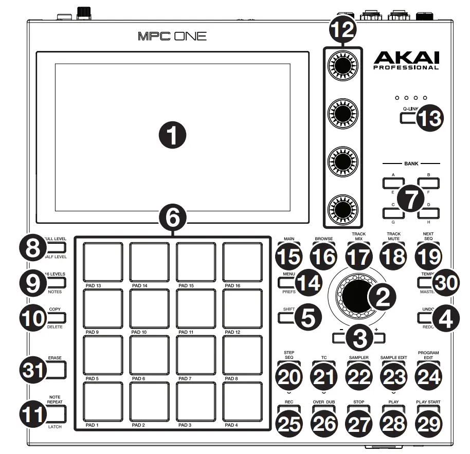 AKAI PROFESSIONAL 482641 MPC One Standalone Sampler and Sequencer - Top Panel