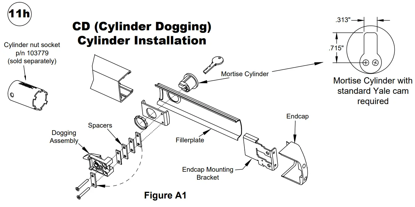DETEX 105280 Concealed Vertical Rod Exit Device - Cylinder Dogging