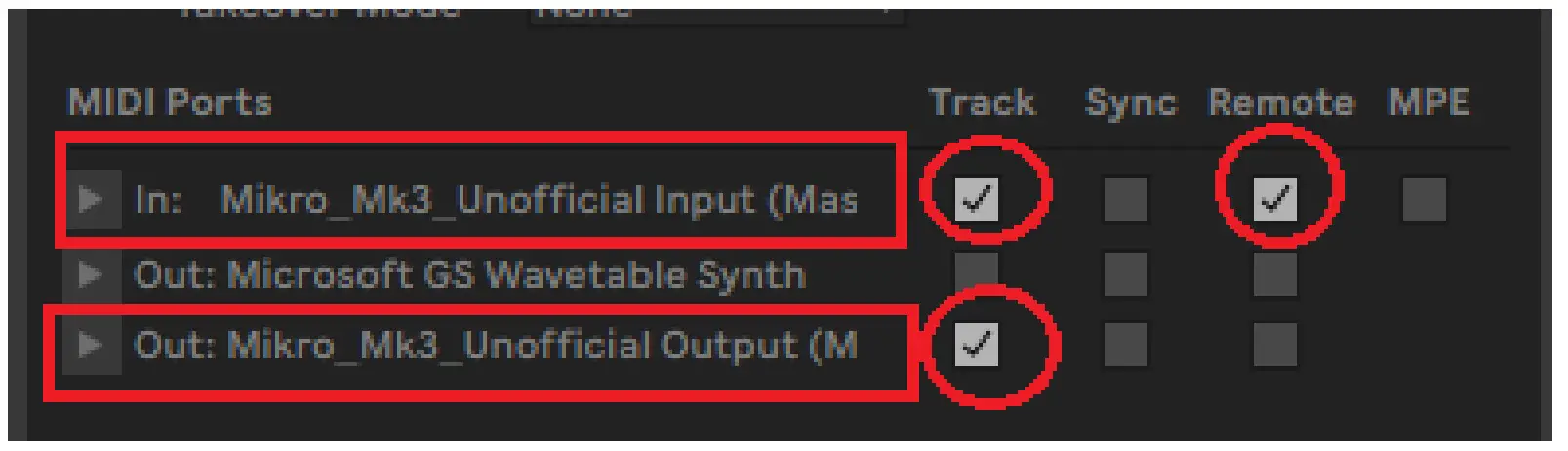 checkboxes of Track