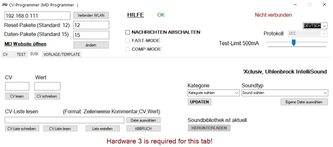 MD CV Programmer DCC Programming and Testing Unit - function SUSI