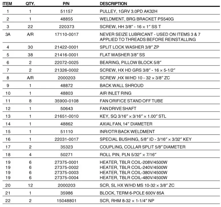 Middleby Marshall PS540-Series Ovens PS540E - BLOWER AND SHROUD Table