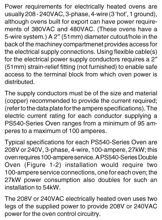 Middleby Marshall PS540-Series Ovens PS540E - Electric Supply For Electrically Heated Ovens