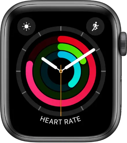Activity Analog watch face showing the time as well as Move, Exercise, and Stand goal progress. There are also three complications: Weather Conditions at the top left, Workout at the top right, and Heart Rate at the bottom.