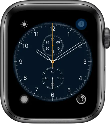 The Chronograph watch face, where you can adjust the face color and details of the dial. It shows four complications: Weather at the top left, Stopwatch at the top right, Breathe at the bottom left, and Activity at the bottom right.