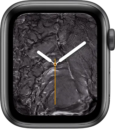 The Liquid Metal watch face showing an analog clock in the middle and liquid metal around it.