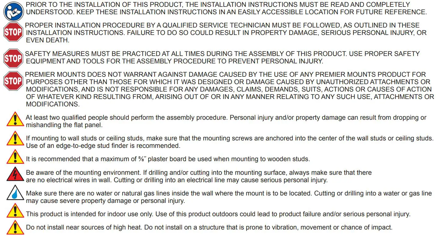 PREMIER MOUNTS P4263F Low Profile Mount for Flat Panels Installation Guide - Warning Statements