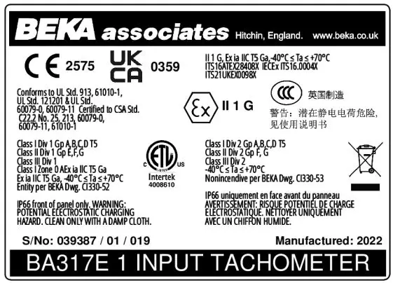 BEKA BA317E Tachometer Instruction Manual - Typical certification information label