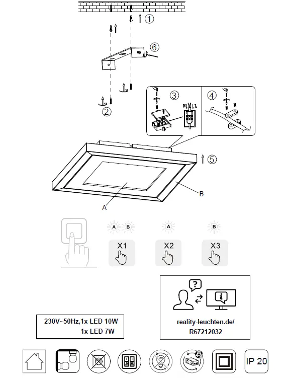 TRIO R67212032 LED Ceiling Light Carus 1x10w 7W 1
