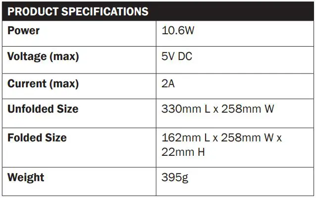 BEAM BMSLR11-1 Outback 11W Solar Panel User Guide - SPECIFICATIONS