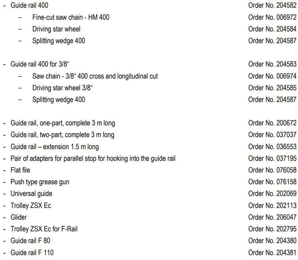 mafell ZSX Ec Carpenter's Chain Saw Instruction Manual - Optional accessories