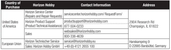 E-flite UMX Citation Longitude 30mm EDF Twin - Warranty and Service Contact Information