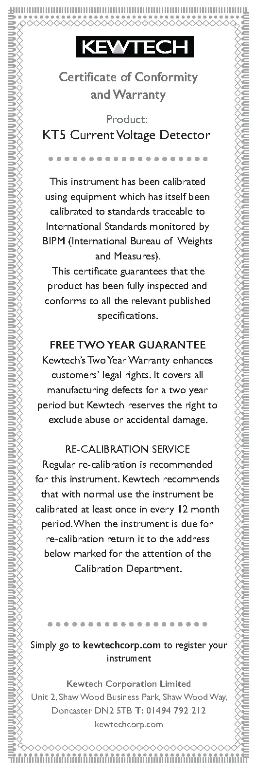 Certificate of Conformity and Warranty