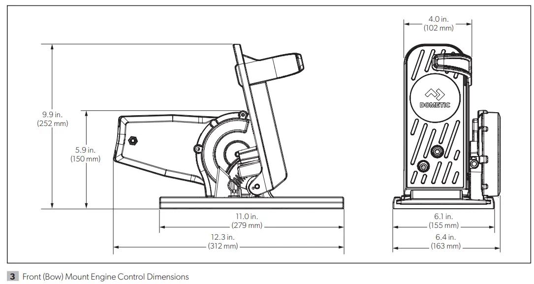 DOMETIC FT7000P Pro-Pedal Foot Throttle Instruction Manual - Front (Bow) Mount Engine Control Dimensions