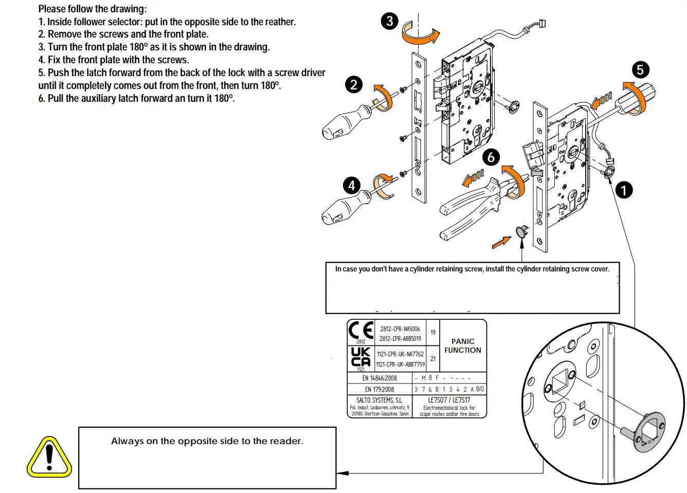 SALTO LE7S05 Asymmetric Mortise Lock Installation Guide - Hand changing
