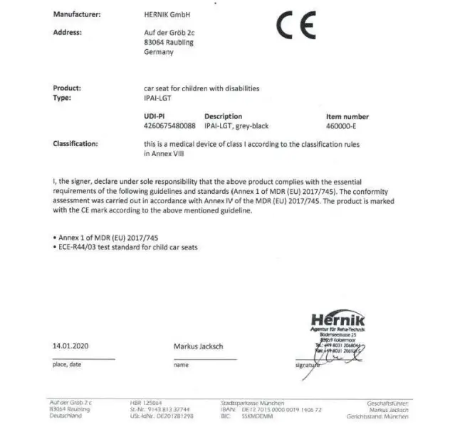 IPAI LGT Lightweight Child Car Seat Declaration of conformity