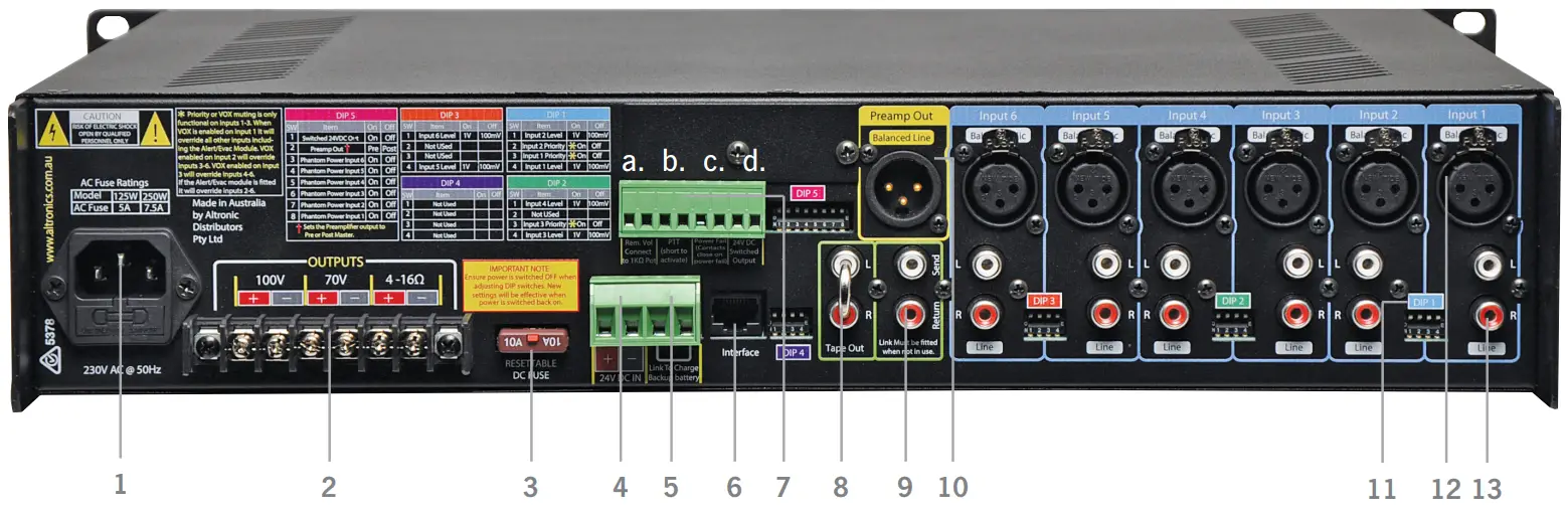 REDBACK A 4275C Phase5 125W 100V Public Address Mixer Amplifier - Rear Panel