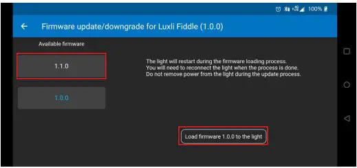LUXLi FIDDLE Pocket-sized Multicolor LED Light User Manual - The firmware update screen will list available firmware versions