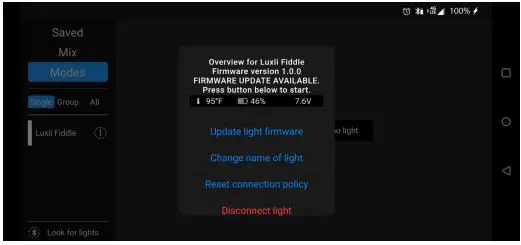 LUXLi FIDDLE Pocket-sized Multicolor LED Light User Manual - The fixture window will show the current firmware version