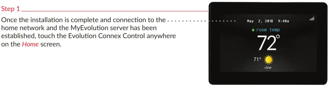 bryant SYSTXBBECC 05RI Evolution Connex Control Registration - Step 1 Home screen