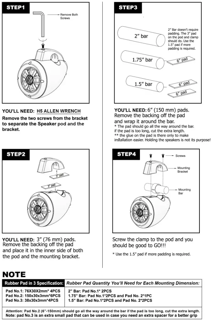 NOAM Audio System with Bluetooth Marine 4 UTAH ATV Boat - SPEAKER INSTALLATION INSTRUCTIONS