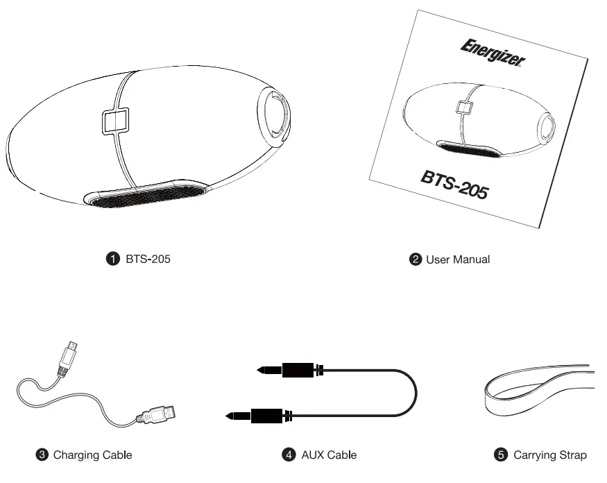 Energizer BTS 205 PowerSound Portable Bluetooth Speaker FM Mode Carrying Strap - Package content