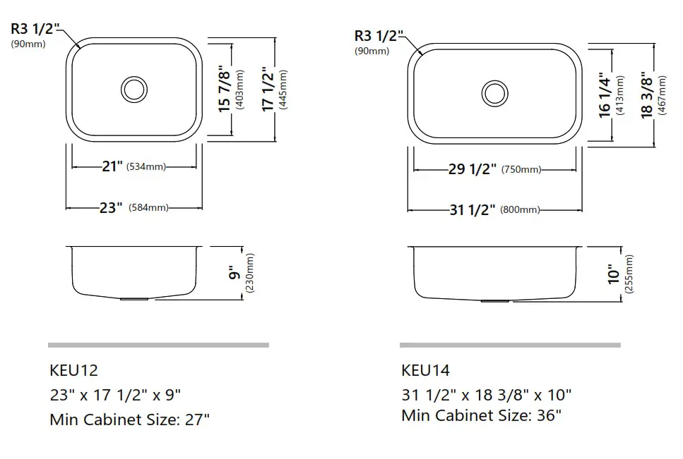 Kraus Porcelain Enameled Steel Undermount Kitchen Sinks Dimensions