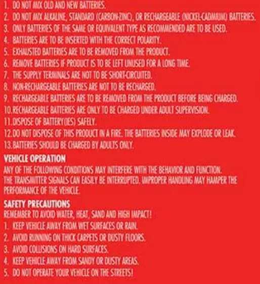 COSTCO Marvel Super Hero Adventures Action Vehicle User Manual - Battery Safety information