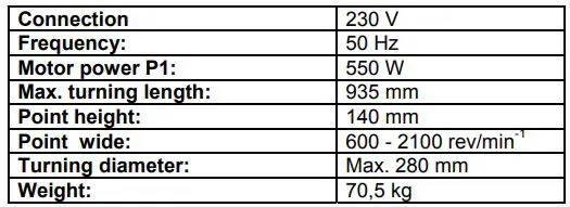 Gude GDM 1000 Professional Wood Lathe Machine Instruction Manual - Technical data