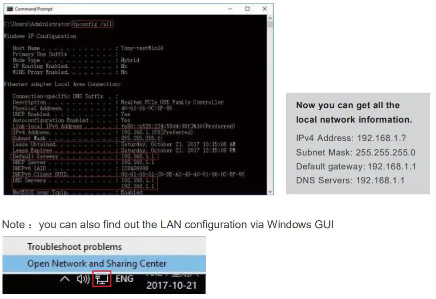VIKVIZ IP Camera User Guide - Search Windows - cmd - ipconfig all