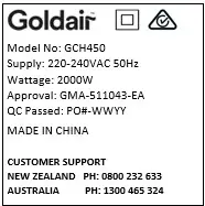 Goldair GCH450 2000W Workshop Ceramic Fan Heater - warning