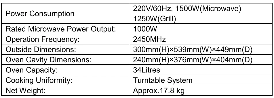 Haier HP34100AP-L3 Microwave Oven Owner's Manual - Specifications