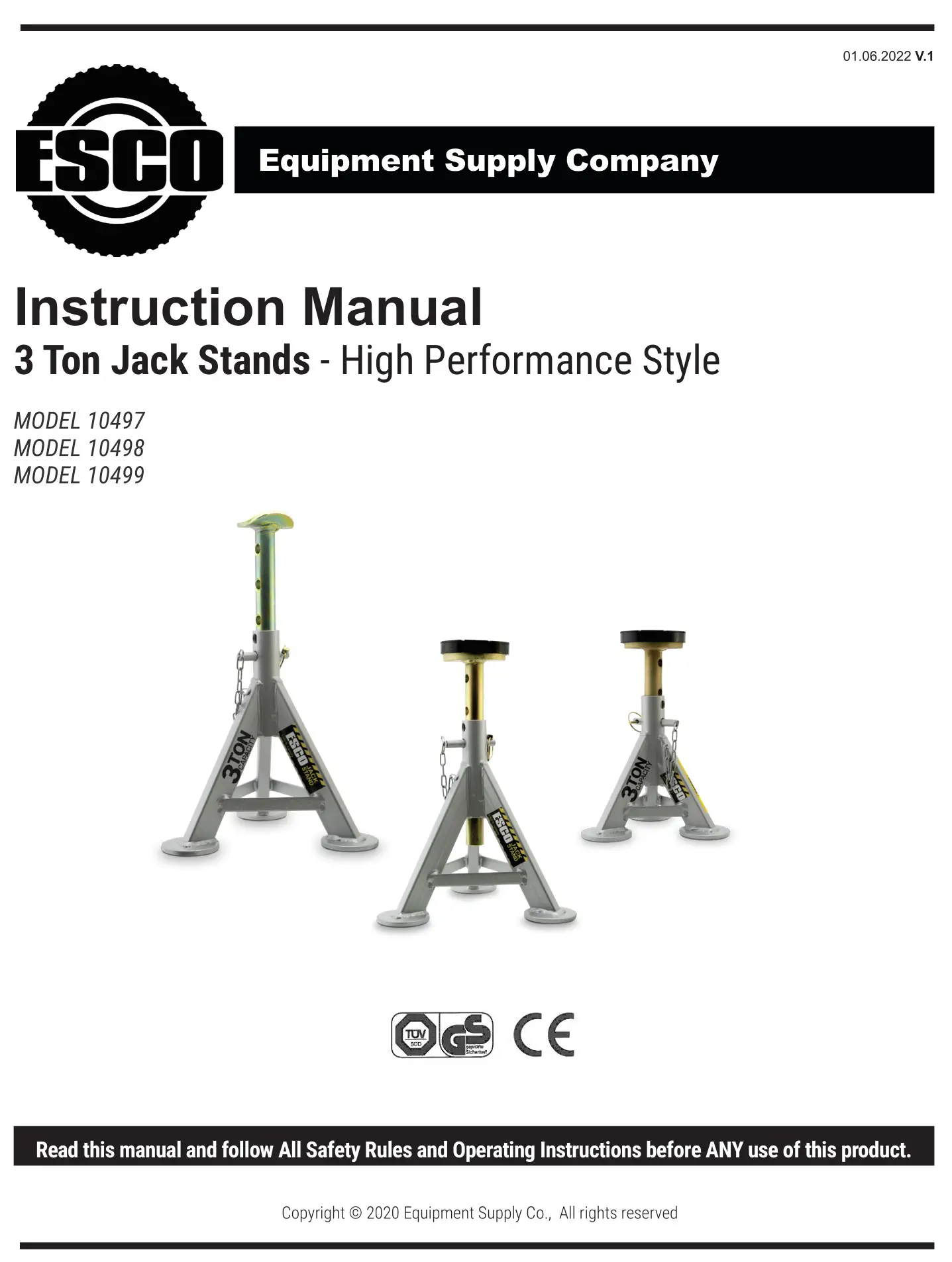 ESCO 10497 3 Ton Performance Axle Top Post Jack Stand Instruction Manual