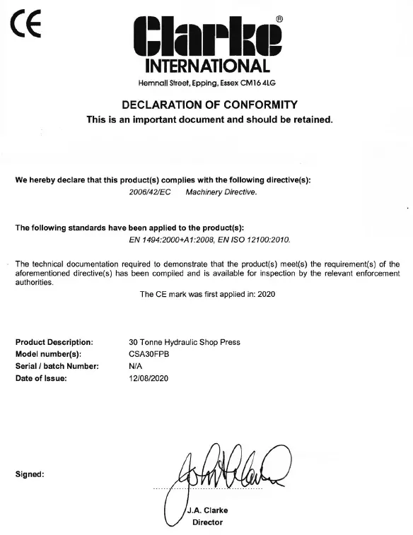 Clarke-CSA30FPB-30-Tonne-Hydraulic-Press-11