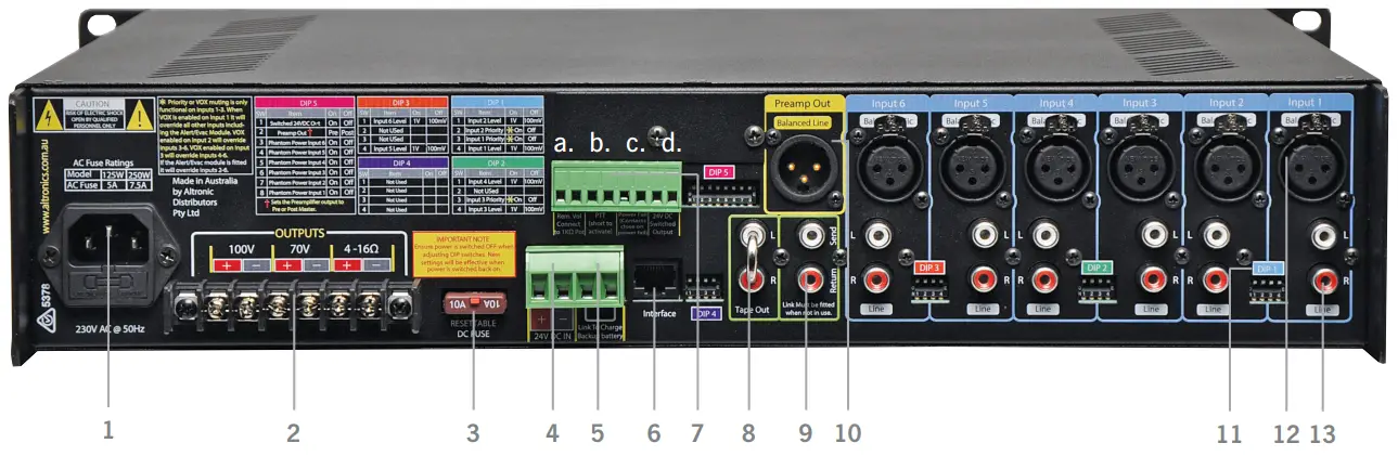 REDBACK A 4285C Phase5 250W 100V Public Address Mixer Amplifier - Rear Panel