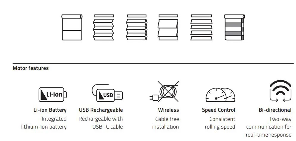 MOTION CM-06 Li-Ion Battery Powered Tube Motors With Pull and Remote User Manual - Motor features