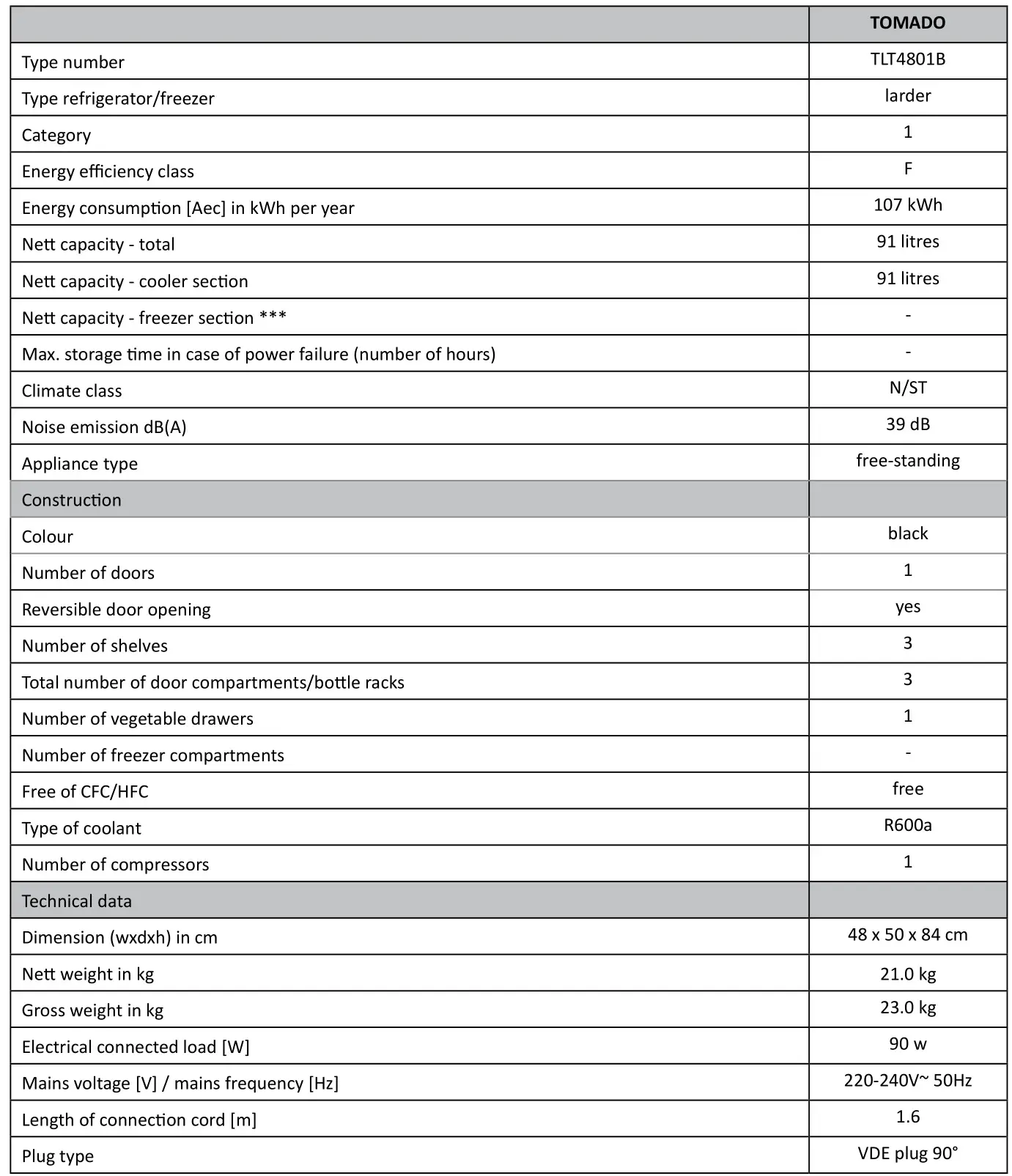 TOMADO TLT4801B Freestanding Refrigerator 91 Liters - PRODUCT FICHE