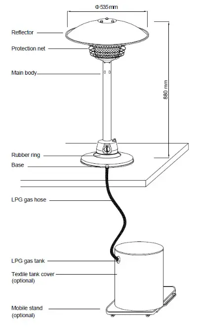 Oypla 3117 Table Top Gas Patio Heater- Tachnical Informationl