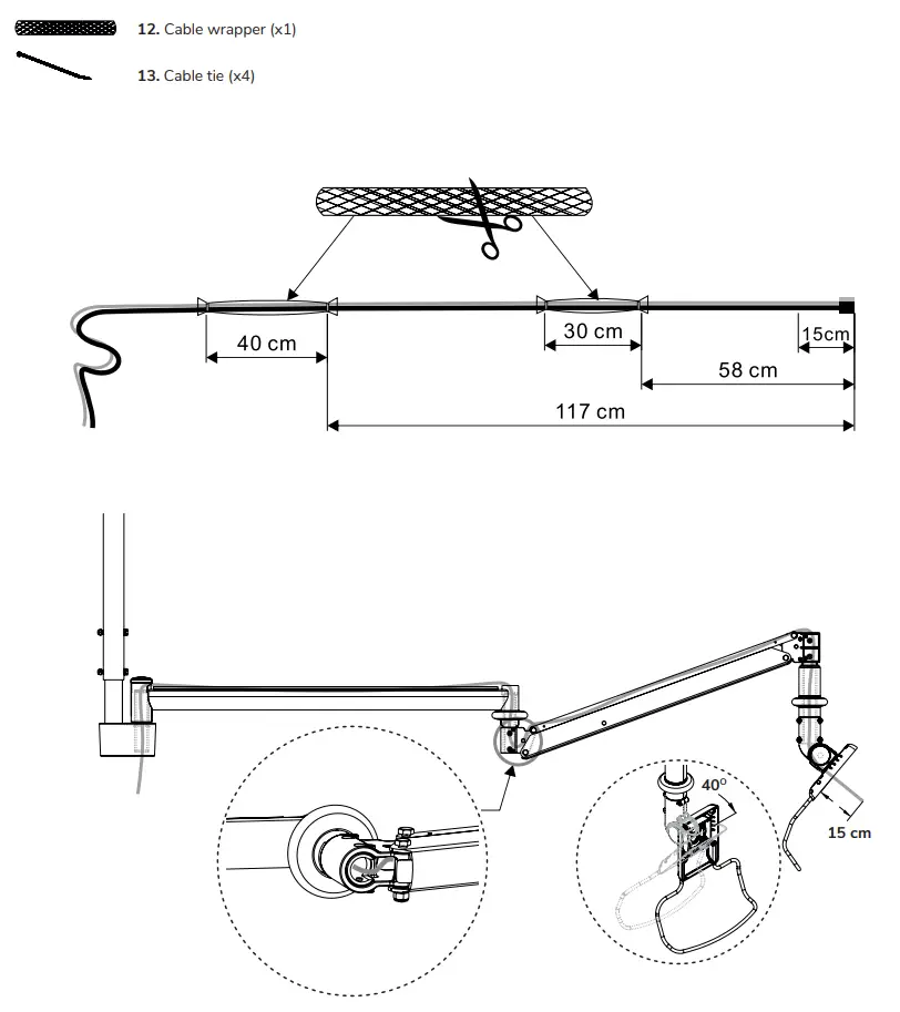 Neomounts FPMA-HAC100 Medical Ceiling Mount Instruction Manual - Run the cables through the arm. Assemble the cable wrapper
