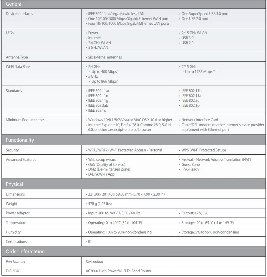 D-Link High-Power Wi-Fi Tri-Band Router - Technical Specifications