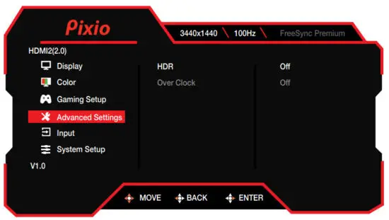 Pixio PXC348C 34 Inch UWQHD VA 144Hz Gaming Monitor - Advanced Settings