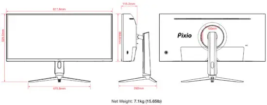 Pixio PXC348C 34 Inch UWQHD VA 144Hz Gaming Monitor - Dimension & Weight