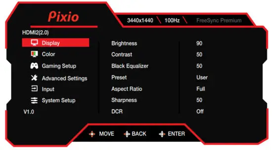 Pixio PXC348C 34 Inch UWQHD VA 144Hz Gaming Monitor - Main OSD Navigation